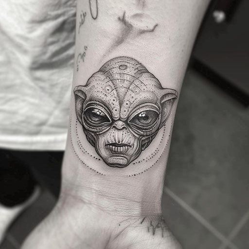 Small alien wrist tattoos, Humberto Ramos style