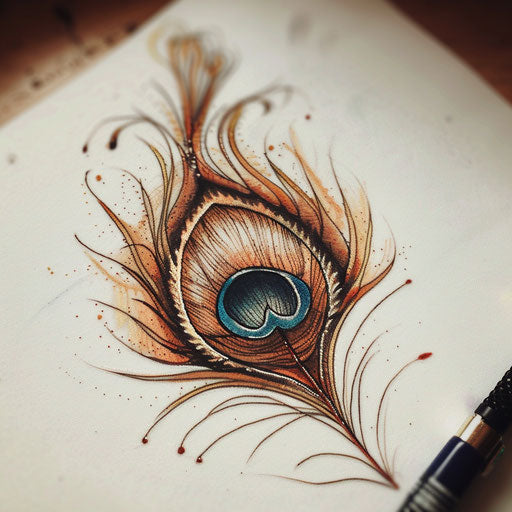 Rustic peacock feather tattoo sketch in earth tones