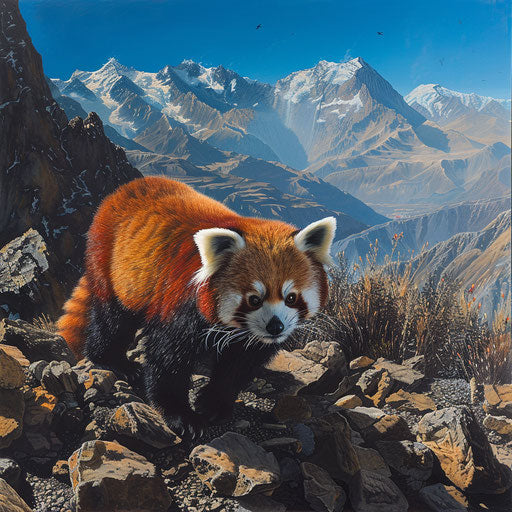 Red panda exploring rocky terrain under a blue sky