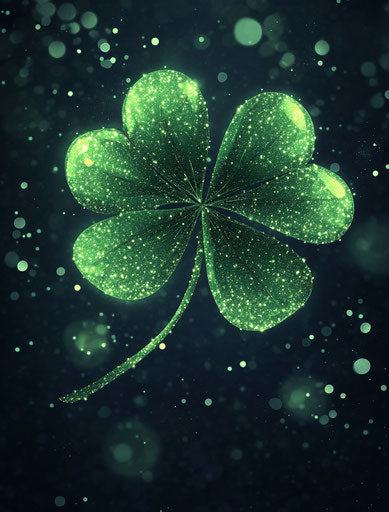 Irish clover glowing green with sparkles, dark background, digital art style, cute cartoon design, high-resolution vector 29:38