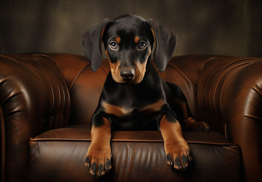 Black and tan doberman puppy on a sofa
