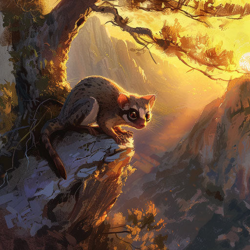 A sugar glider basking in the golden light of sunrise atop a mountain vista.