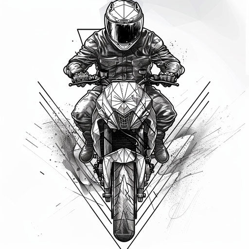 Blackwork motorcycle tattoo design with geometric elements on white background