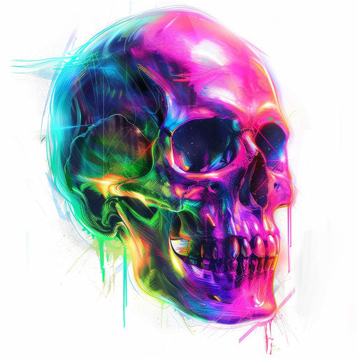 Neon skull, vibrant colors on pure white background
