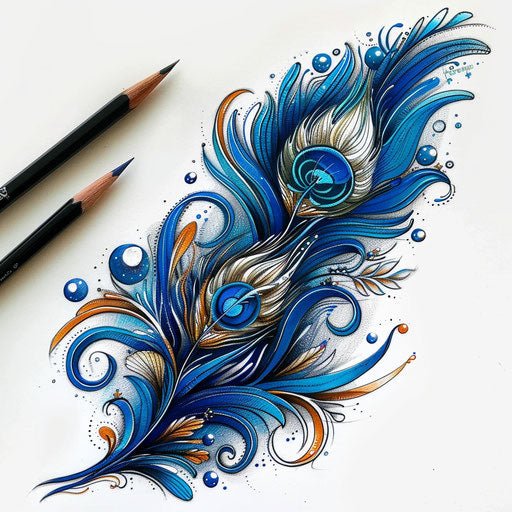 Oceanic peacock feather tattoo sketch with aquatic blue tones and coral motifs
