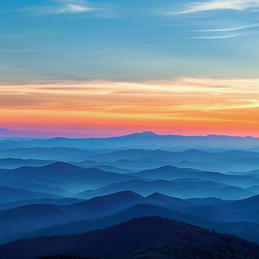 Blue Ridge Mountains in NC at sunset with blue tones
