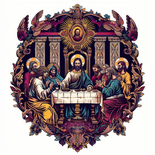 The Last Supper in an exotic flat tattoo style with ornate patterns