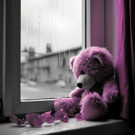 Crying teddy bear in front of a sepia window