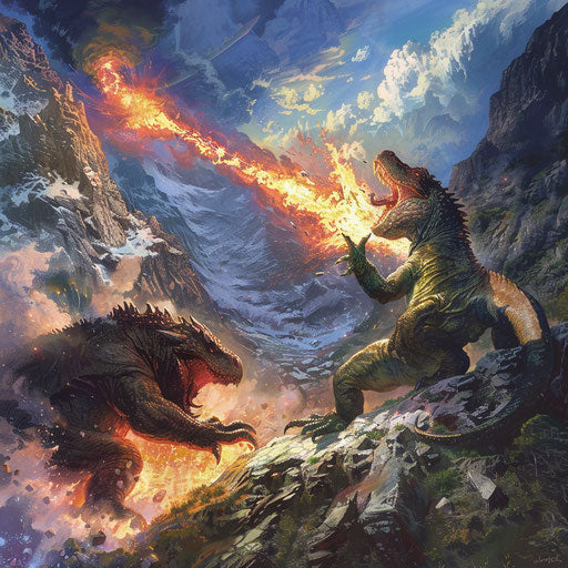 Epic battle between fire-breathing dragon and giant iguana