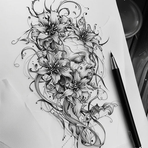 Intricate flat tattoo sketch with a soul intertwined with ethereal vines and flowers