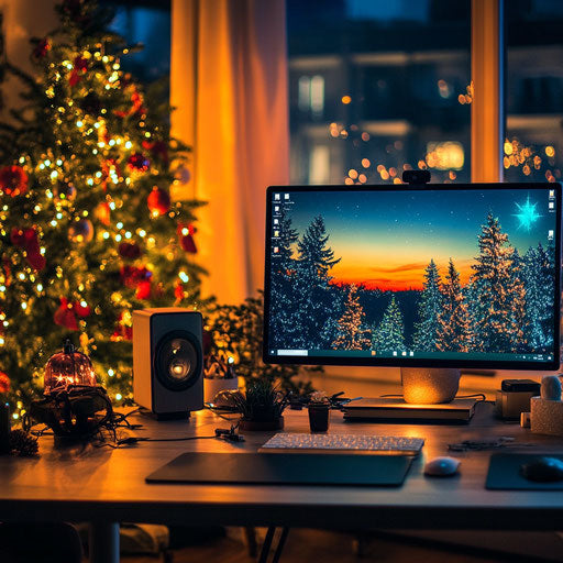 Home office decorated for Christmas with computer screen showing holiday screensaver