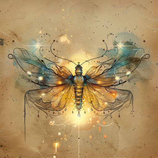 Fantasy tattoo sketch of a firefly with whimsical wings and shimmering silver details