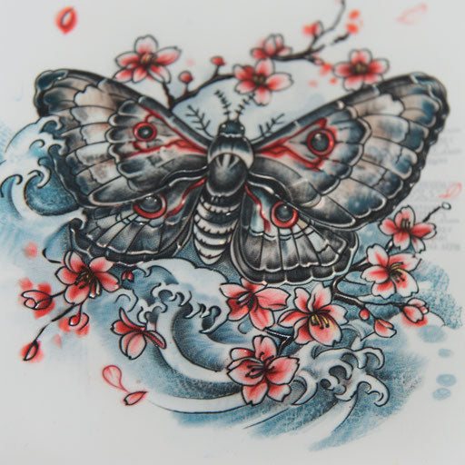 Japanese traditional death moth with waves and cherry blossoms