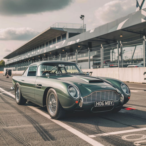 Classic Aston Martin DB6 with fat tires and supercharged engine, parked at a historic British racing circuit.