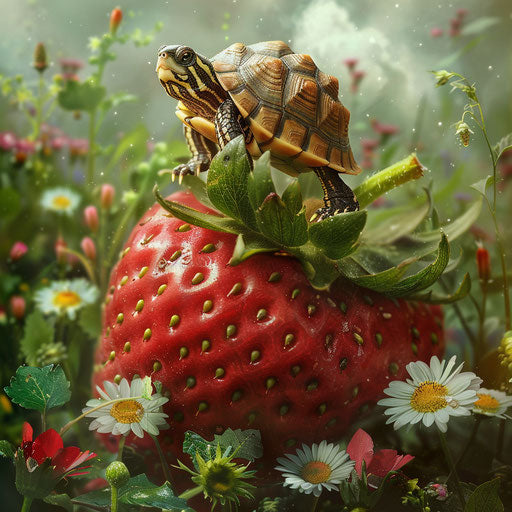 Tiny turtle on giant strawberry in field of flowers