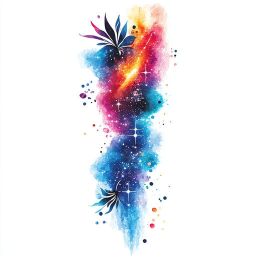 Flat tattoo sketch of outer forearm tattoos with watercolor galaxy