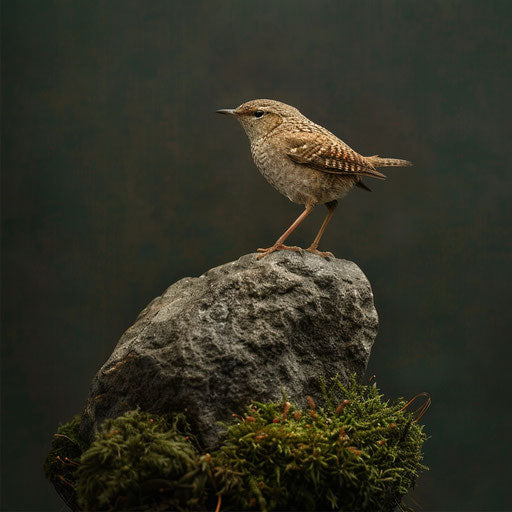Wren standing on a moss-covered rock
