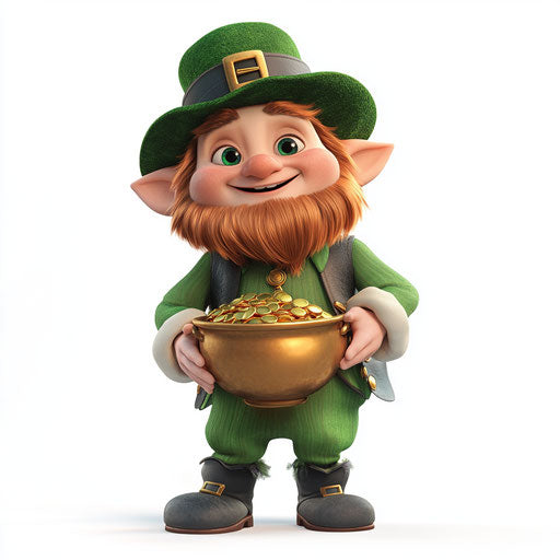 Cartoon leprechaun with pot of gold on white background