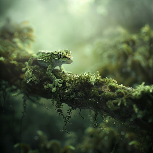 Gecko crawling on a moss-covered branch in a misty forest
