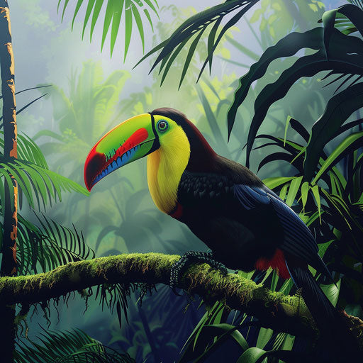 Toucan bird with a colorful beak in a serene forest