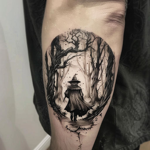 Epic fantasy tattoos with wizards and enchanted forests
