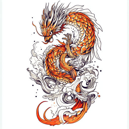 Interwoven tribal dragon and phoenix in flat tattoo style