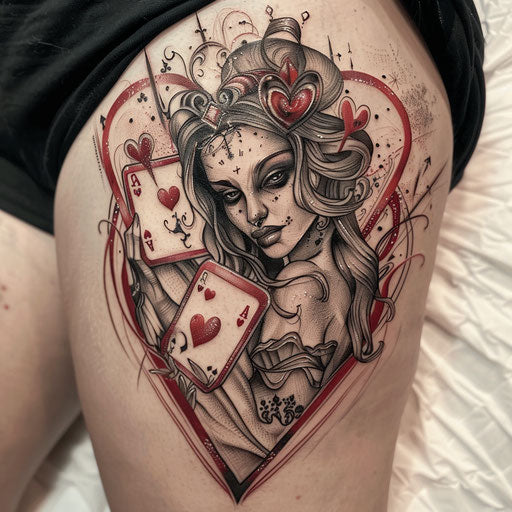 Realistic drawing of a Queen of Hearts tattoo
