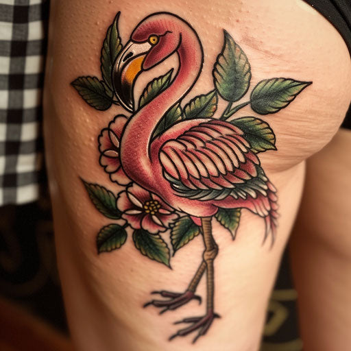 Traditional American style flamingo tattoo