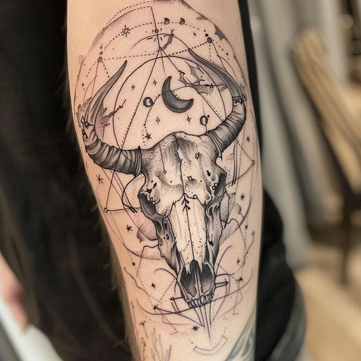Tattooed bull skull, psychic and celestial symbols
