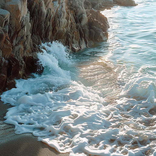 Wave rolling onto rocky shore of a rock beach