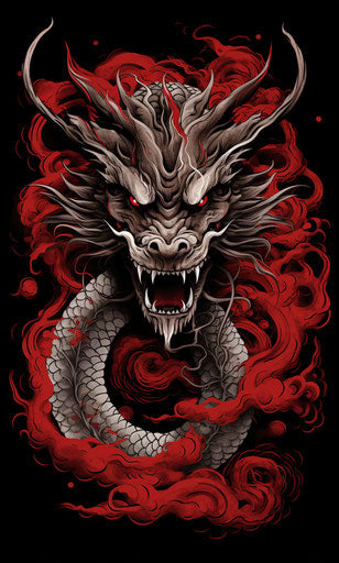 Japanese dragon tattoo art, silver and red style