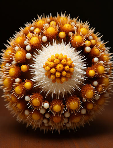 Flowers with yellow stamen in body, spherical sculptures, light brown and white, Tongan art