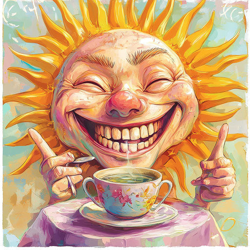 Humorous caricature of a tea party with human characteristics