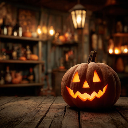 Glowing Jack-o'-Lantern on a Wooden Surface