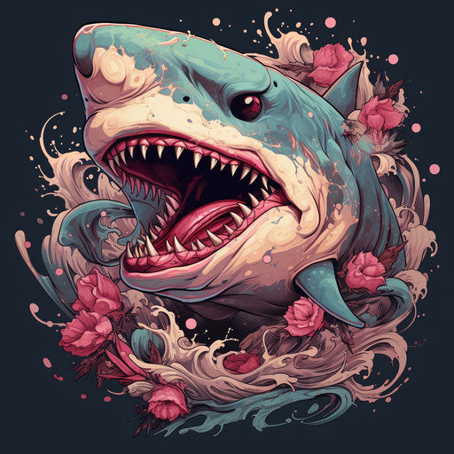 Shark eats pink meat, classic tattoo style
