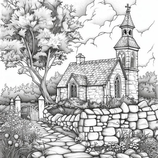 Detailed illustration of an old stone church in the countryside