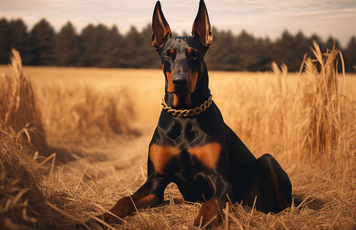 Canine sitting in a field, light orange and dark black