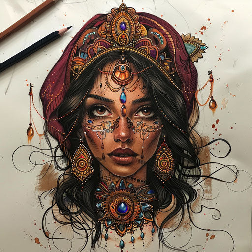 Bohemian chic flat tattoo sketch with rich jewel tones and paisley details