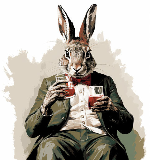 Gray rabbit drinking red drinks
