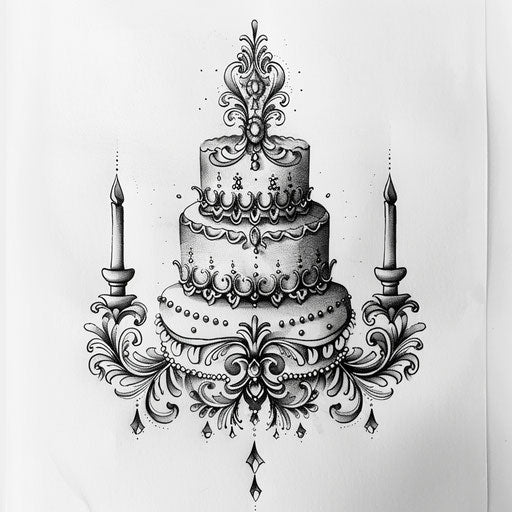 Stylized wedding cake sketch with detailed icing patterns