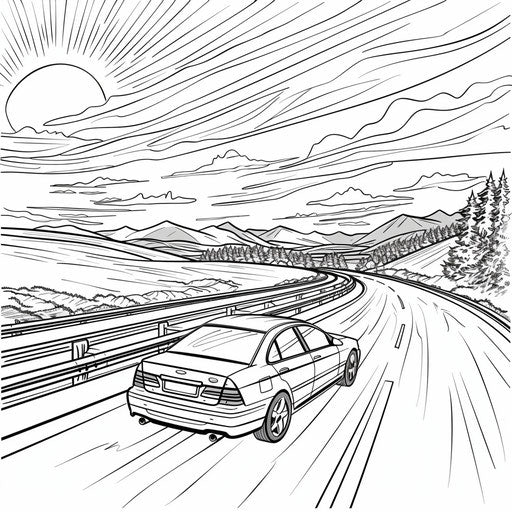 Car on highway with sunset, coloring book page
