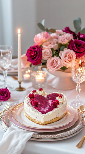Valentine's Day table setting with heart-shaped cake, flowers and candles