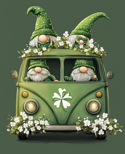 Leprechauns driving a green van with white flowers