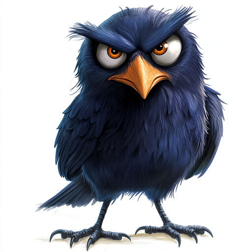 Humorous caricature of a raven with human characteristics