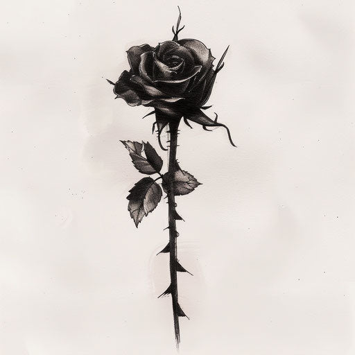 Small black rose tattoo illustration inspired by gothic, with thorns on white backdrop
