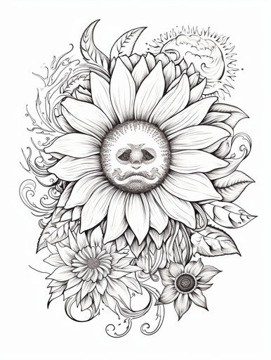 Flower and Sun Coloring Pages 8, lush and detailed style, textured shading 3:4