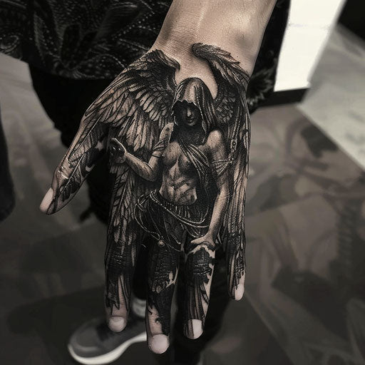 Hand tattoo with a dark angel, in the style of Gerald Brom