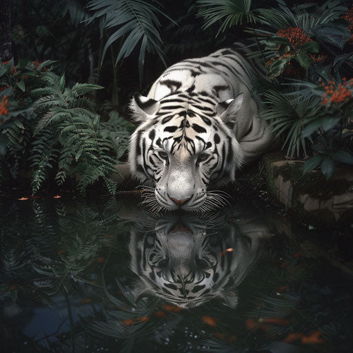 Reflection of the white tiger in the still waters of a secluded lake in a lush forest habitat
