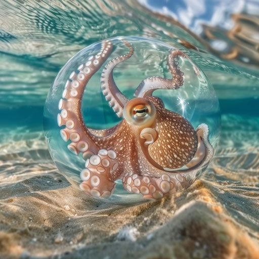Octopus observing reflection in bubble, self-awareness moment