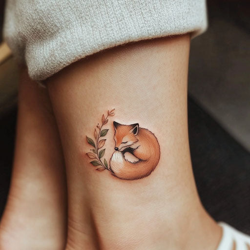 Ankle tattoos for women with a small fox curled up in leaves